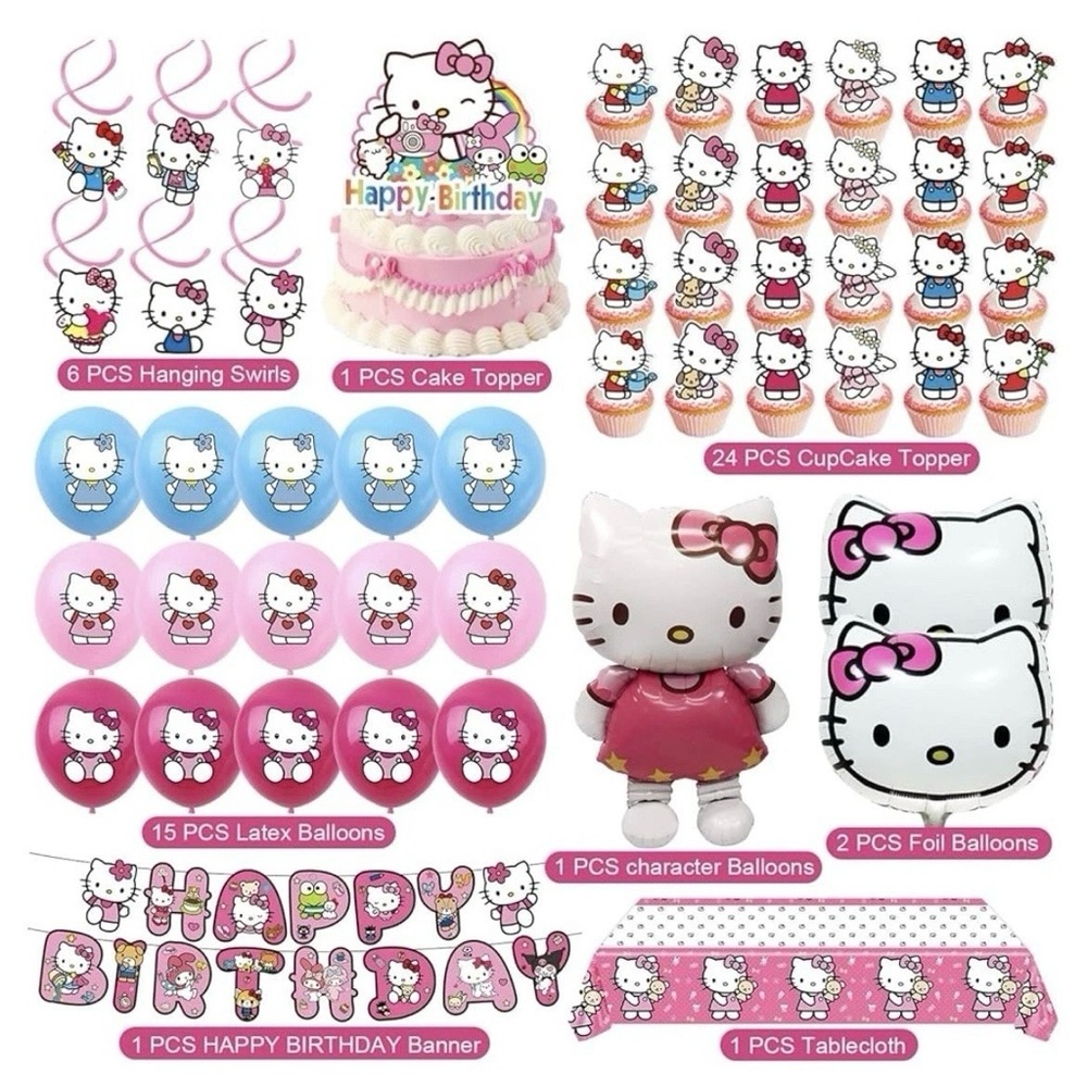 Hello Kitty Birthday Party Decor Set 51pcs Pink Banner Balloons Tablecloth - Picture 3 of 12